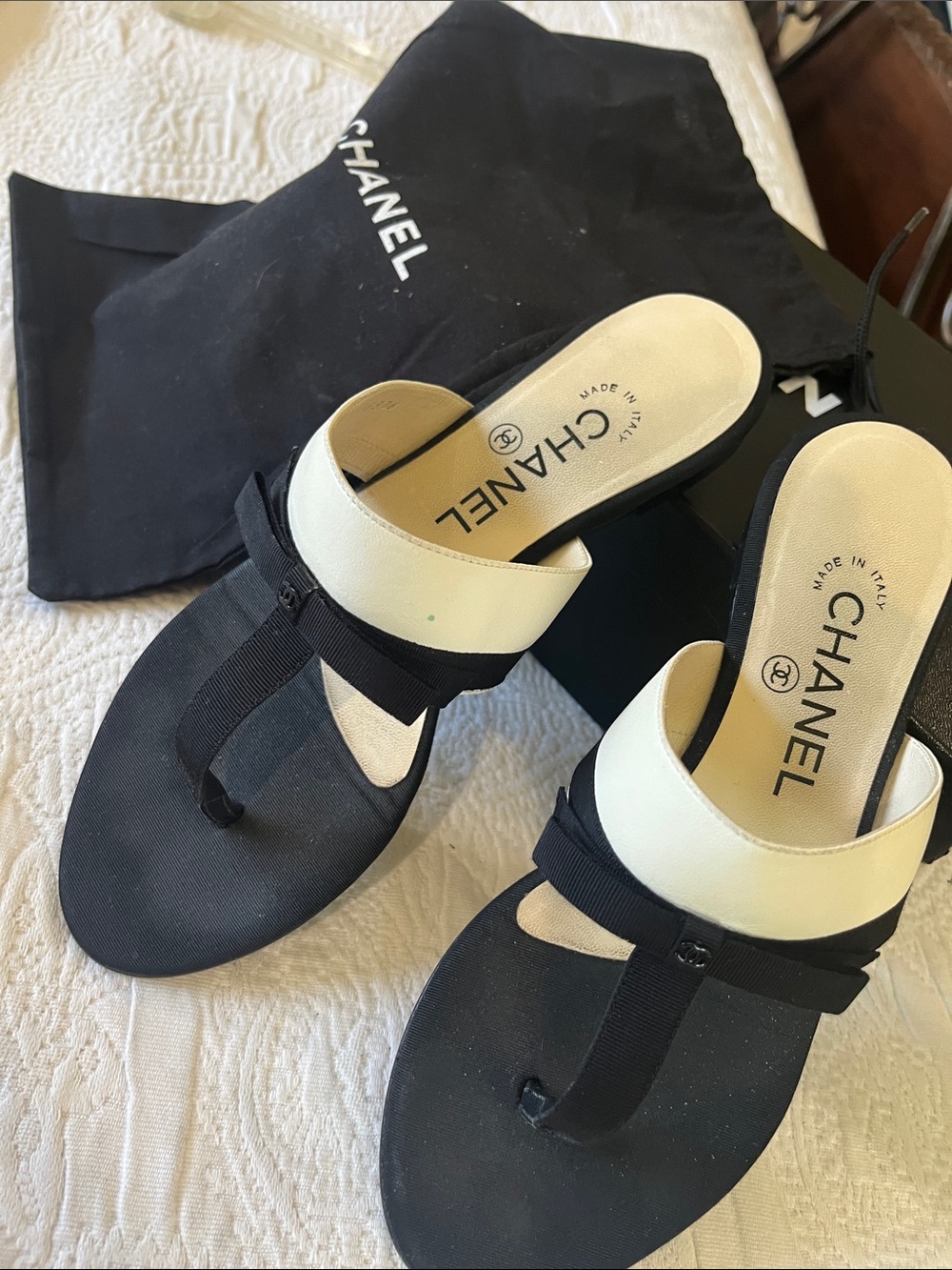 CHANEL Black and Cream Thong Sandals